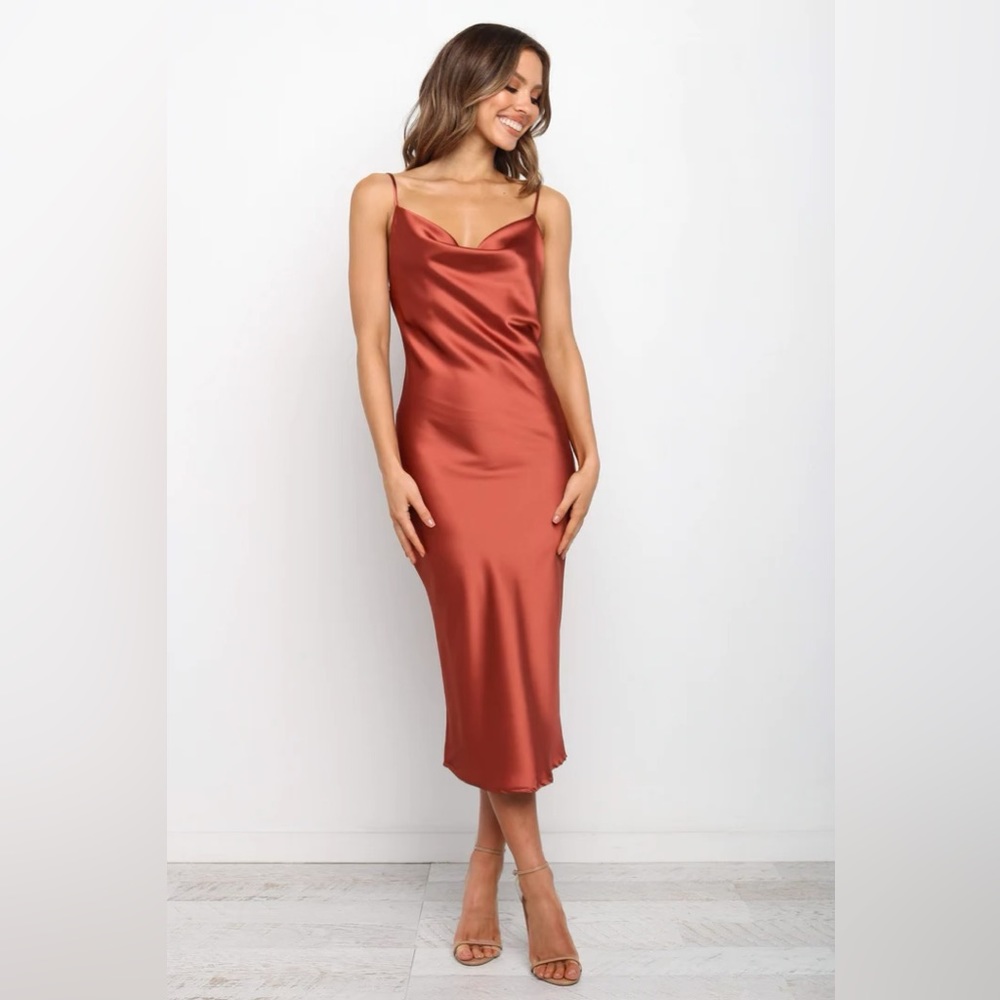 Petal & Pup Rust Satin Midi Dress